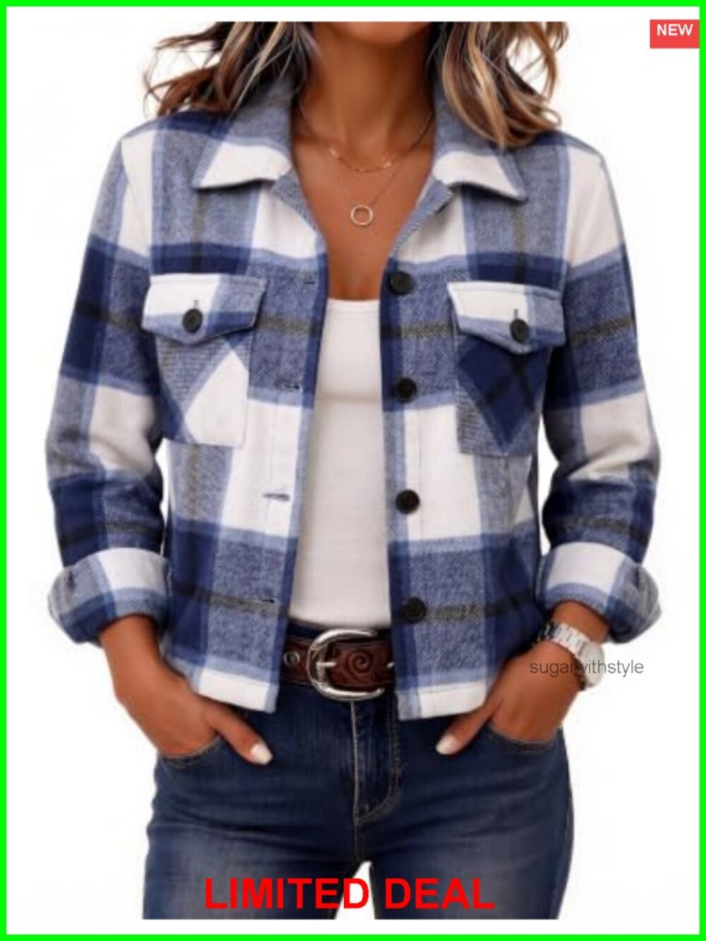 Zeagoo Cropped Plaid Flannel Shacket Button Front Chest Pockets